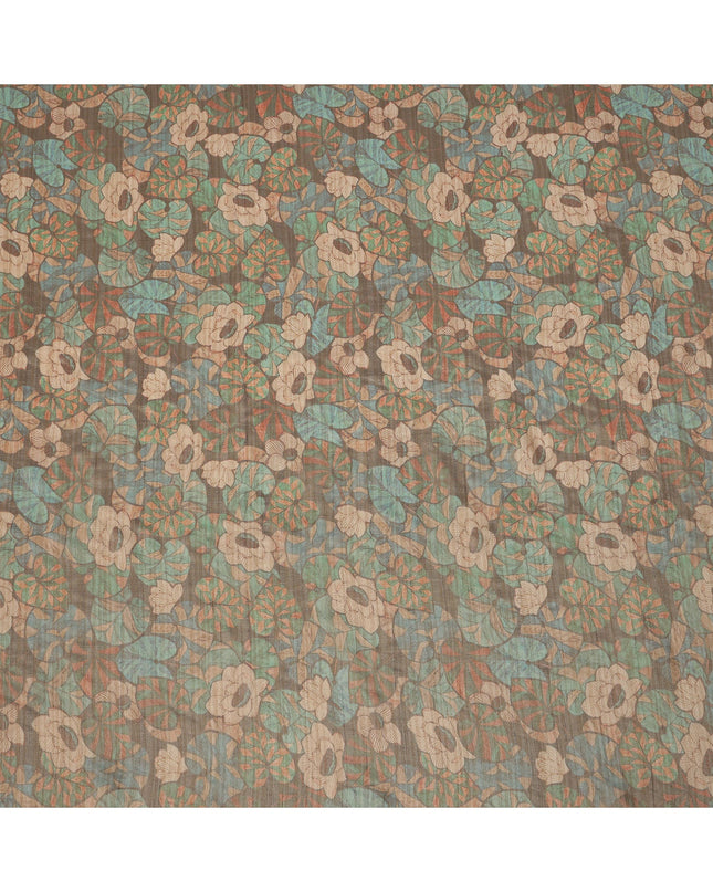 Olive Green Floral and Leaf Motif Viscose Tussar Fabric with Beige and Rust Accents, 110 Cms Width, Made in India-D24339