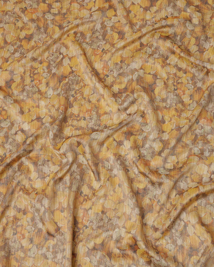 Golden Yellow Abstract Leaf Printed Viscose Tussar Fabric with Beige and Rust Highlights, 110 Cms Width, Made in India-D24340
