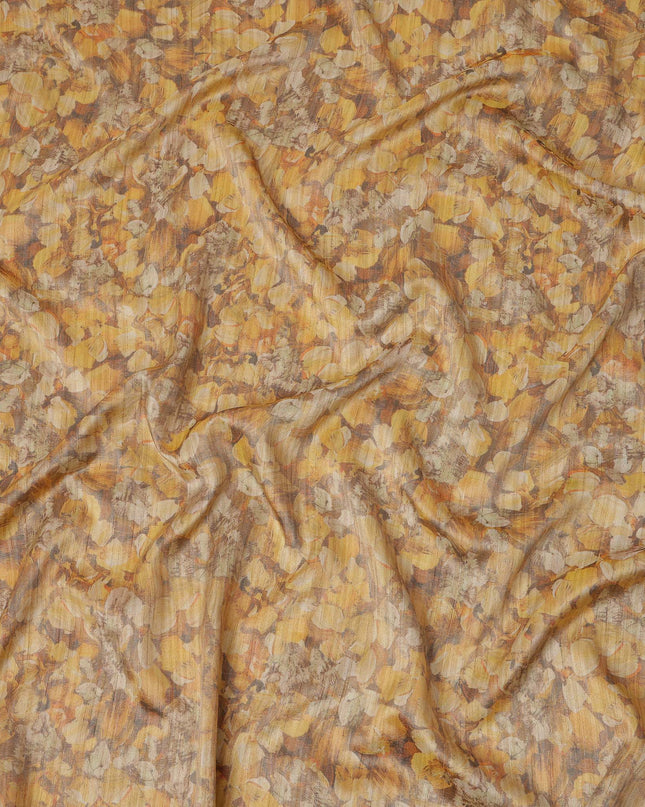 Golden Yellow Abstract Leaf Printed Viscose Tussar Fabric with Beige and Rust Highlights, 110 Cms Width, Made in India-D24340