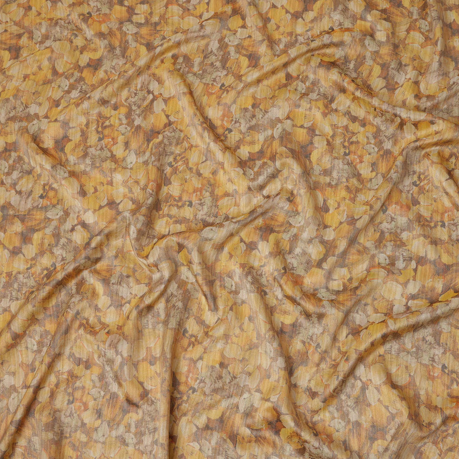Golden Yellow Abstract Leaf Printed Viscose Tussar Fabric with Beige and Rust Highlights, 110 Cms Width, Made in India-D24340