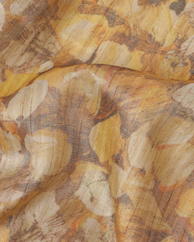 Golden Yellow Abstract Leaf Printed Viscose Tussar Fabric with Beige and Rust Highlights, 110 Cms Width, Made in India-D24340