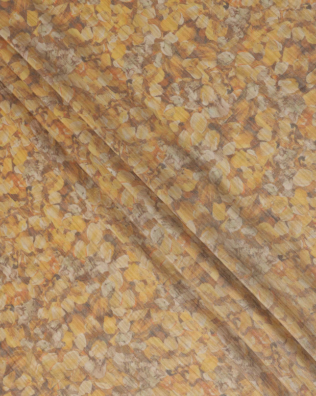 Golden Yellow Abstract Leaf Printed Viscose Tussar Fabric with Beige and Rust Highlights, 110 Cms Width, Made in India-D24340