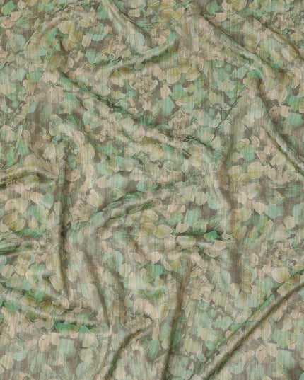 Mint Green Abstract Leaf Printed Viscose Tussar Fabric with Beige and Olive Accents, 110 Cms Width, Made in India-D24341