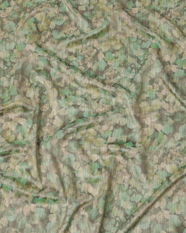 Mint Green Abstract Leaf Printed Viscose Tussar Fabric with Beige and Olive Accents, 110 Cms Width, Made in India-D24341