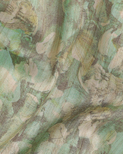 Mint Green Abstract Leaf Printed Viscose Tussar Fabric with Beige and Olive Accents, 110 Cms Width, Made in India-D24341