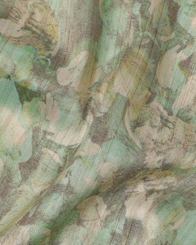 Mint Green Abstract Leaf Printed Viscose Tussar Fabric with Beige and Olive Accents, 110 Cms Width, Made in India-D24341