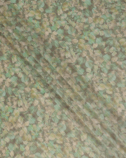 Mint Green Abstract Leaf Printed Viscose Tussar Fabric with Beige and Olive Accents, 110 Cms Width, Made in India-D24341