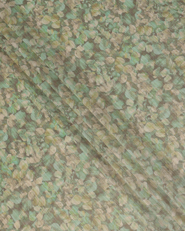 Mint Green Abstract Leaf Printed Viscose Tussar Fabric with Beige and Olive Accents, 110 Cms Width, Made in India-D24341