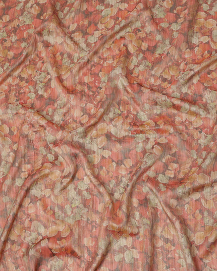 Rust Orange Abstract Leaf Printed Viscose Tussar Fabric with Beige and Ochre Highlights, 110 Cms Width, Made in India-D24342