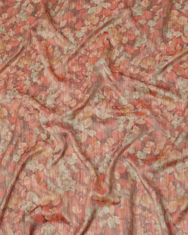 Rust Orange Abstract Leaf Printed Viscose Tussar Fabric with Beige and Ochre Highlights, 110 Cms Width, Made in India-D24342