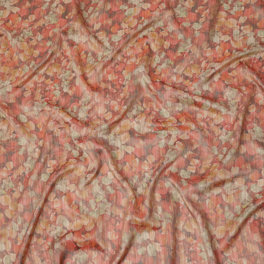 Rust Orange Abstract Leaf Printed Viscose Tussar Fabric with Beige and Ochre Highlights, 110 Cms Width, Made in India-D24342