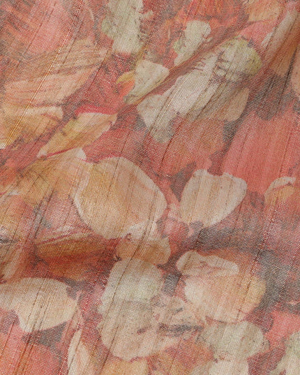 Rust Orange Abstract Leaf Printed Viscose Tussar Fabric with Beige and Ochre Highlights, 110 Cms Width, Made in India-D24342