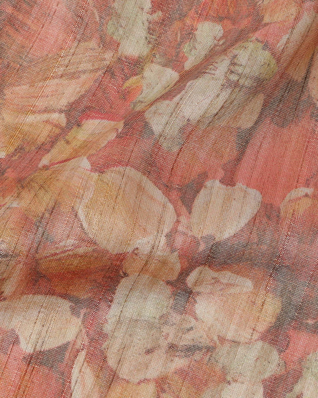Rust Orange Abstract Leaf Printed Viscose Tussar Fabric with Beige and Ochre Highlights, 110 Cms Width, Made in India-D24342