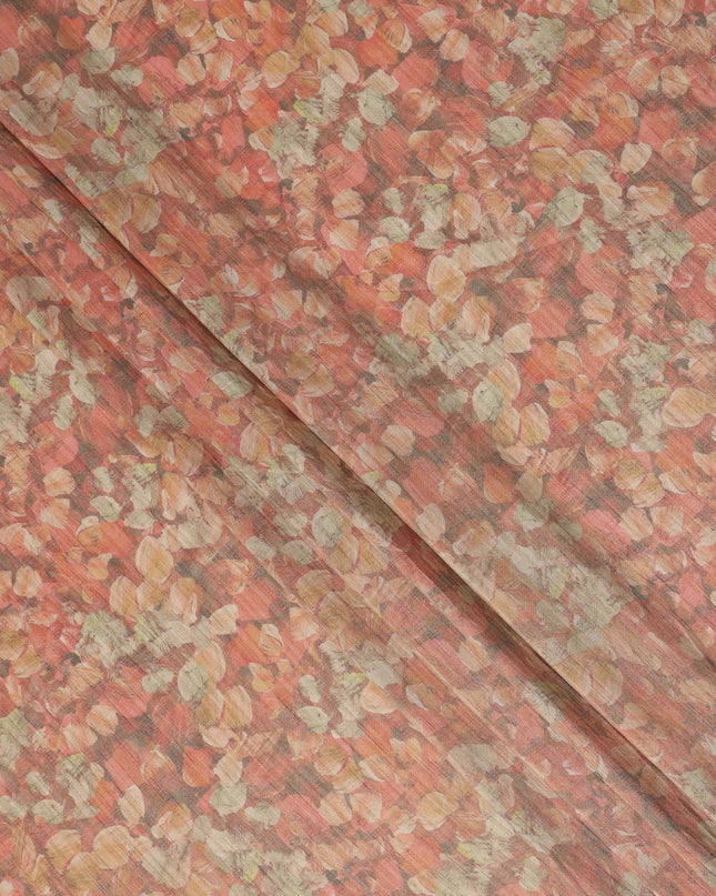 Rust Orange Abstract Leaf Printed Viscose Tussar Fabric with Beige and Ochre Highlights, 110 Cms Width, Made in India-D24342