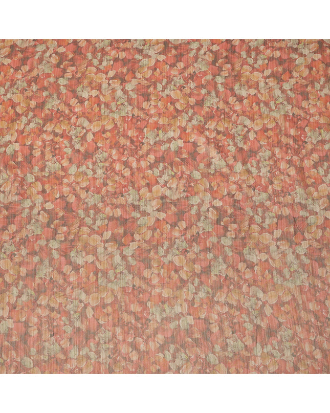 Rust Orange Abstract Leaf Printed Viscose Tussar Fabric with Beige and Ochre Highlights, 110 Cms Width, Made in India-D24342