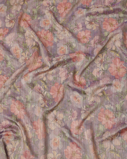 Lavender Base Floral Printed Viscose Tussar Fabric with Peach and Beige Blooms, 110 Cms Width, Made in India-D24343