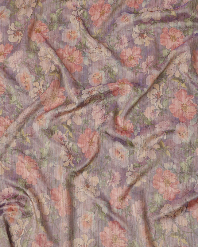 Lavender Base Floral Printed Viscose Tussar Fabric with Peach and Beige Blooms, 110 Cms Width, Made in India-D24343