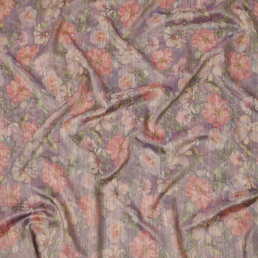 Lavender Base Floral Printed Viscose Tussar Fabric with Peach and Beige Blooms, 110 Cms Width, Made in India-D24343