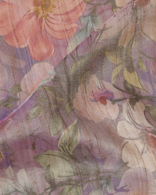 Lavender Base Floral Printed Viscose Tussar Fabric with Peach and Beige Blooms, 110 Cms Width, Made in India-D24343