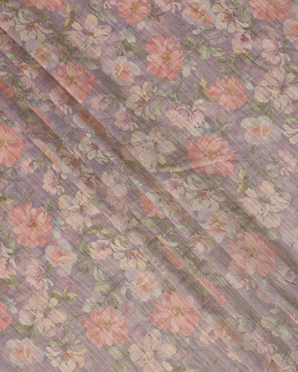 Lavender Base Floral Printed Viscose Tussar Fabric with Peach and Beige Blooms, 110 Cms Width, Made in India-D24343