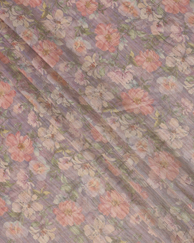 Lavender Base Floral Printed Viscose Tussar Fabric with Peach and Beige Blooms, 110 Cms Width, Made in India-D24343