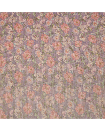 Lavender Base Floral Printed Viscose Tussar Fabric with Peach and Beige Blooms, 110 Cms Width, Made in India-D24343