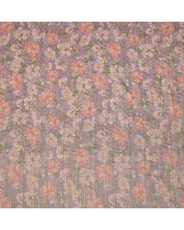 Lavender Base Floral Printed Viscose Tussar Fabric with Peach and Beige Blooms, 110 Cms Width, Made in India-D24343