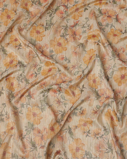 Beige Base Floral Printed Viscose Tussar Fabric with Orange and Green Tones, 110 Cms Width, Made in India-D24344