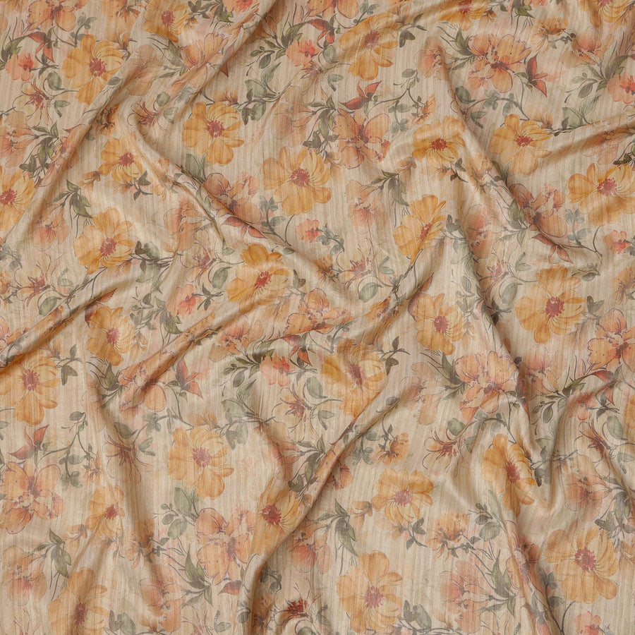 Beige Base Floral Printed Viscose Tussar Fabric with Orange and Green Tones, 110 Cms Width, Made in India-D24344