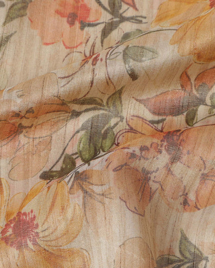 Beige Base Floral Printed Viscose Tussar Fabric with Orange and Green Tones, 110 Cms Width, Made in India-D24344