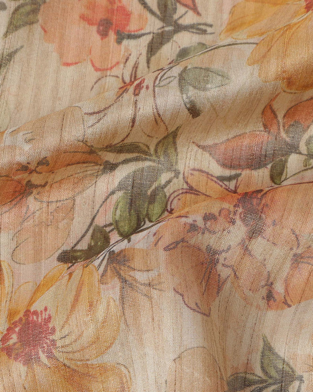 Beige Base Floral Printed Viscose Tussar Fabric with Orange and Green Tones, 110 Cms Width, Made in India-D24344