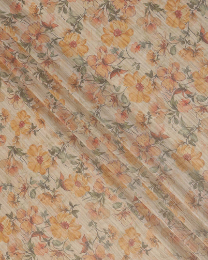 Beige Base Floral Printed Viscose Tussar Fabric with Orange and Green Tones, 110 Cms Width, Made in India-D24344