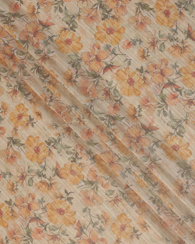 Beige Base Floral Printed Viscose Tussar Fabric with Orange and Green Tones, 110 Cms Width, Made in India-D24344