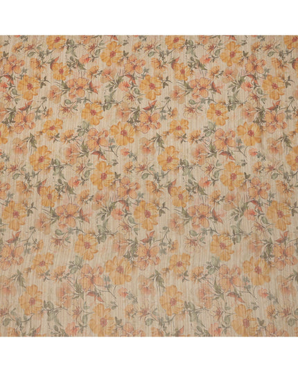 Beige Base Floral Printed Viscose Tussar Fabric with Orange and Green Tones, 110 Cms Width, Made in India-D24344