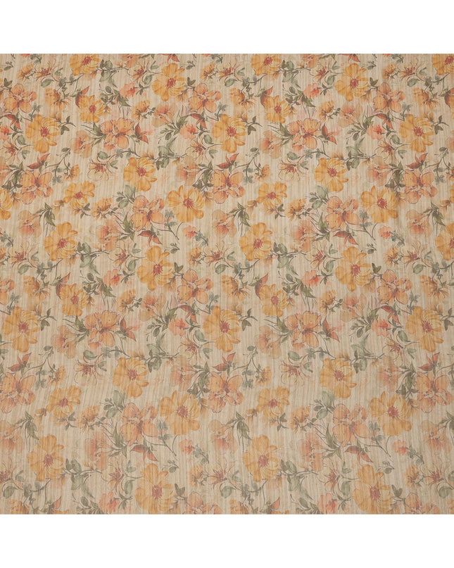 Beige Base Floral Printed Viscose Tussar Fabric with Orange and Green Tones, 110 Cms Width, Made in India-D24344