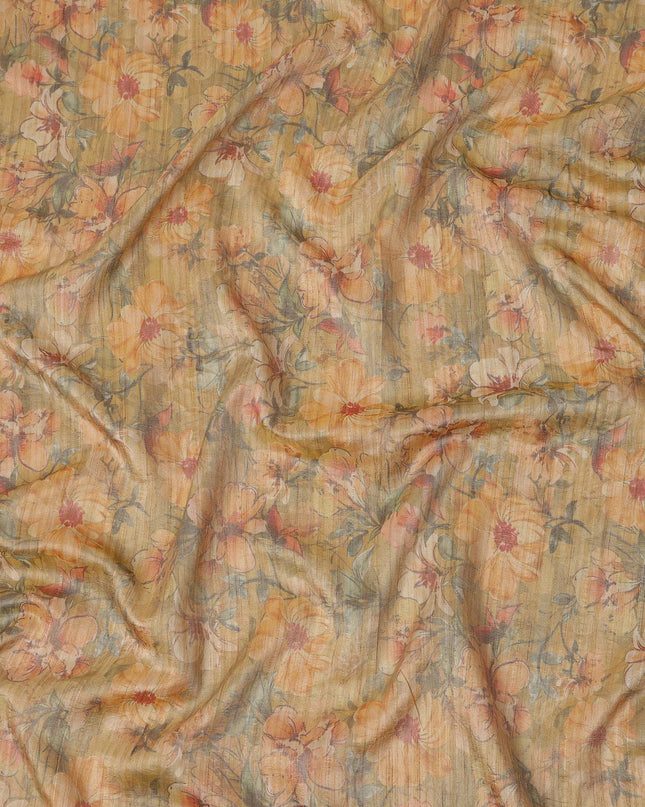 Mustard Yellow Base Floral Printed Viscose Tussar Fabric with Peach and Olive Accents, 110 Cms Width, Made in India-D24345