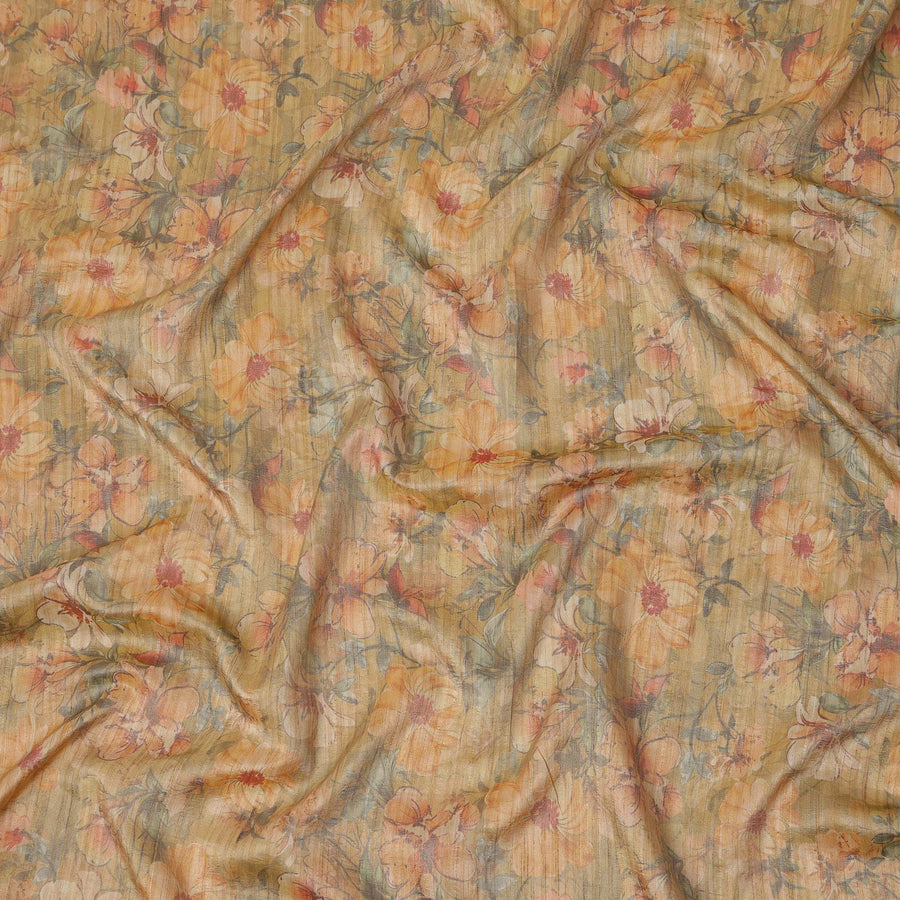 Mustard Yellow Base Floral Printed Viscose Tussar Fabric with Peach and Olive Accents, 110 Cms Width, Made in India-D24345