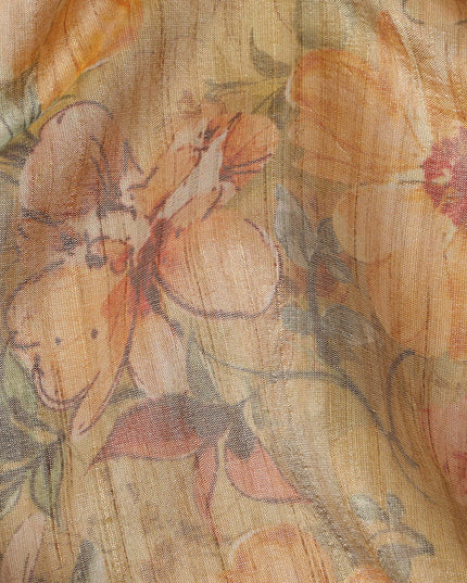 Mustard Yellow Base Floral Printed Viscose Tussar Fabric with Peach and Olive Accents, 110 Cms Width, Made in India-D24345