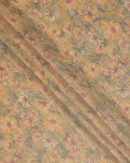 Mustard Yellow Base Floral Printed Viscose Tussar Fabric with Peach and Olive Accents, 110 Cms Width, Made in India-D24345
