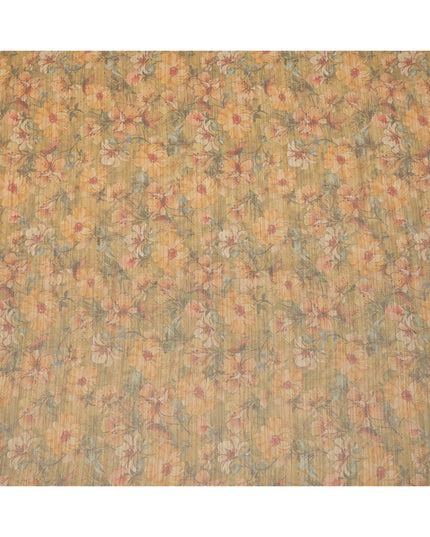 Mustard Yellow Base Floral Printed Viscose Tussar Fabric with Peach and Olive Accents, 110 Cms Width, Made in India-D24345