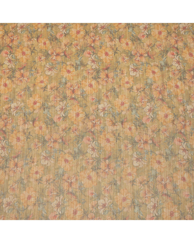 Mustard Yellow Base Floral Printed Viscose Tussar Fabric with Peach and Olive Accents, 110 Cms Width, Made in India-D24345