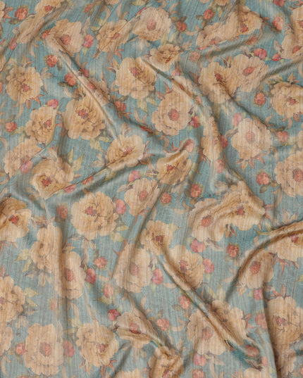 Teal Blue Base Floral Printed Viscose Tussar Fabric with Beige and Rose Accents, 110 Cms Width, Made in India-D24346