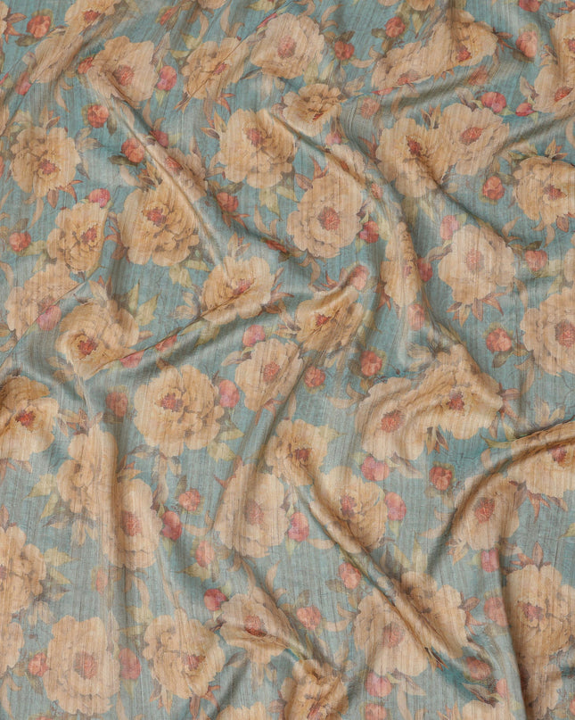 Teal Blue Base Floral Printed Viscose Tussar Fabric with Beige and Rose Accents, 110 Cms Width, Made in India-D24346