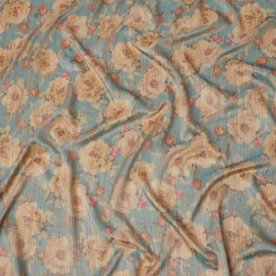 Teal Blue Base Floral Printed Viscose Tussar Fabric with Beige and Rose Accents, 110 Cms Width, Made in India-D24346