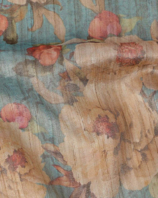 Teal Blue Base Floral Printed Viscose Tussar Fabric with Beige and Rose Accents, 110 Cms Width, Made in India-D24346