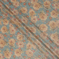 Teal Blue Base Floral Printed Viscose Tussar Fabric with Beige and Rose Accents, 110 Cms Width, Made in India-D24346