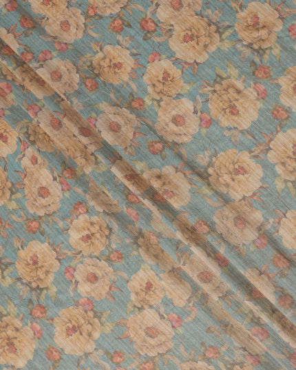 Teal Blue Base Floral Printed Viscose Tussar Fabric with Beige and Rose Accents, 110 Cms Width, Made in India-D24346