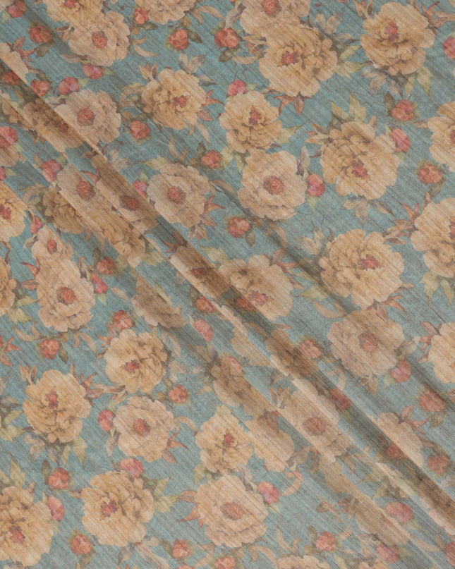 Teal Blue Base Floral Printed Viscose Tussar Fabric with Beige and Rose Accents, 110 Cms Width, Made in India-D24346