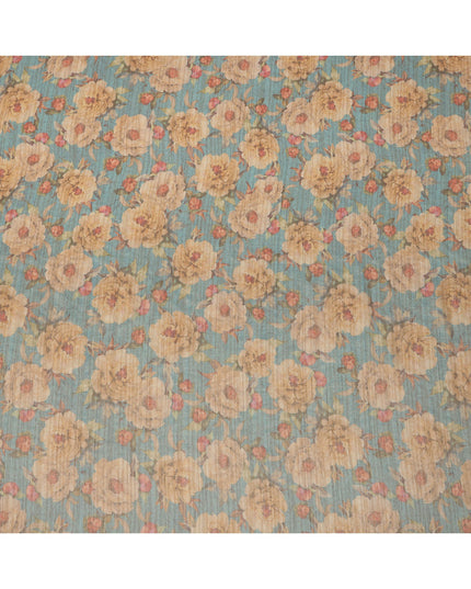 Teal Blue Base Floral Printed Viscose Tussar Fabric with Beige and Rose Accents, 110 Cms Width, Made in India-D24346