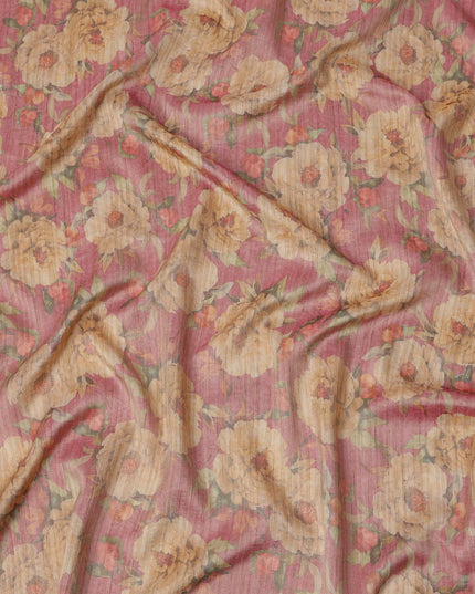 Rose Pink Base Floral Printed Viscose Tussar Fabric with Beige and Olive Accents, 110 Cms Width, Made in India-D24347